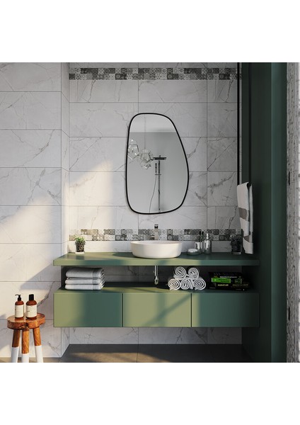 Asimetrik Banyo Duvar Aynası – Modern Mdf Siyah Çerçeveli, Mermer Yüzey Uyumlu Tasarım (AYP192) modelleri