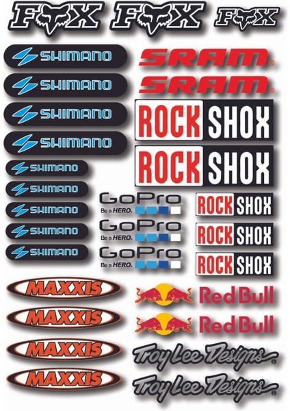 “bisiklet Sponsor Sticker Fox, Shimano, Sram, Rockshox, Gopro, Maxxis, Red Bull, Troy Lee – Mtb