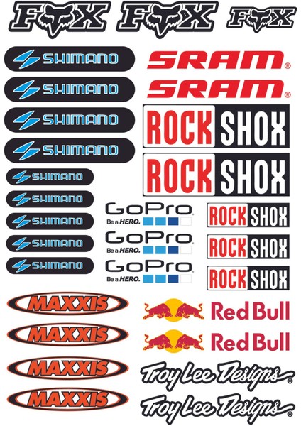 “bisiklet Sponsor Sticker Fox, Shimano, Sram, Rockshox, Gopro, Maxxis, Red Bull, Troy Lee – Mtb fiyatları