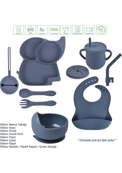 Fil Figürlü Vakumlu Silikon Beslenme Seti / Lacivert