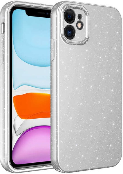 iPhone 11 Kılıf Kamera Korumalı Simli Lüks Mkst Koton Kapak-Beyaz