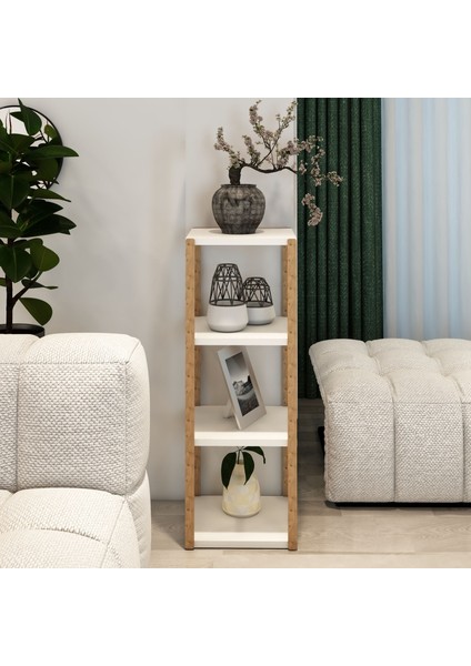 Aden 4 Katlı Beyaz Ahşap Köşe Sehpası / Yan Sehpa / Çok Amaçlı Dekoratif Raf
