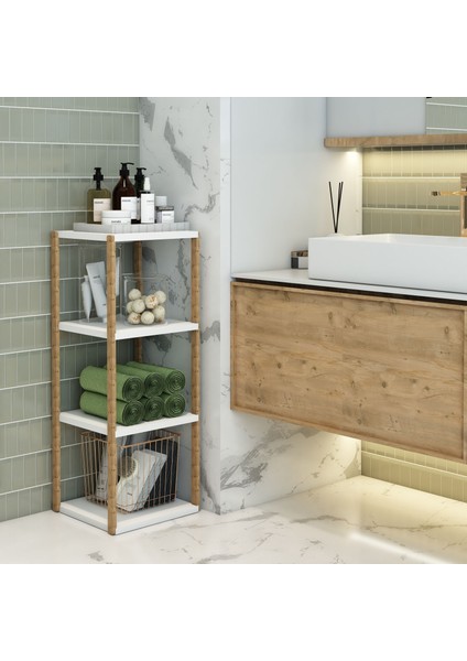Aden 4 Katlı Beyaz Ahşap Köşe Sehpası / Yan Sehpa / Çok Amaçlı Dekoratif Raf
