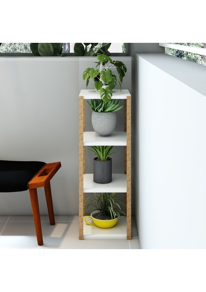 Aden 4 Katlı Beyaz Ahşap Köşe Sehpası / Yan Sehpa / Çok Amaçlı Dekoratif Raf