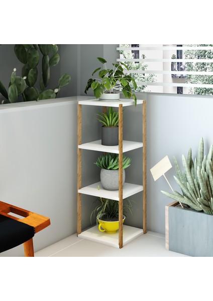 Aden 4 Katlı Beyaz Ahşap Köşe Sehpası / Yan Sehpa / Çok Amaçlı Dekoratif Raf