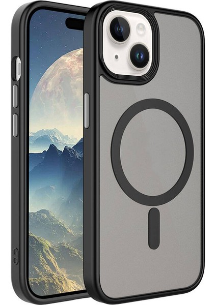 iPhone 15 Plus Uyumlu Mat Arka Yüzey Wireless Şarj Özellikli Mkst Flet Magsafe Kapak-Siyah