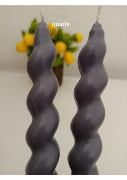 2'li Gri Italyan Burgulu Şamdan Soya Mumu Doğal Kokulu Uzun Çubuk Konik Burgu Spiral Mum Dekoratif