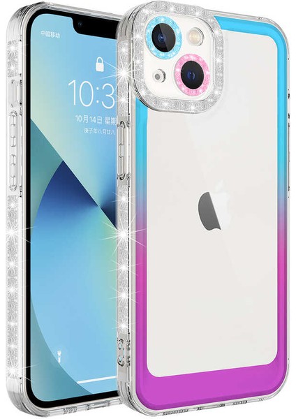 iPhone 14 Plus Uyumlu Simli ve Renk Geçiş Tasarımlı Lens Korumalı Mkst Park Kapak-Mavi-Mor