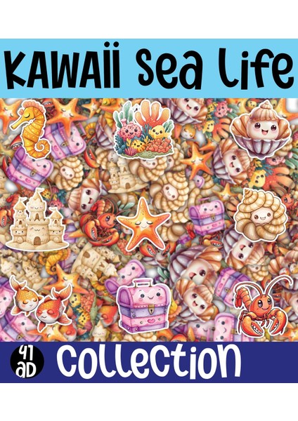 Kawaii Sea Life ( Deniz Yaşamı ) Temalı 1 Sayfa A4 41 Adet Sticker Set