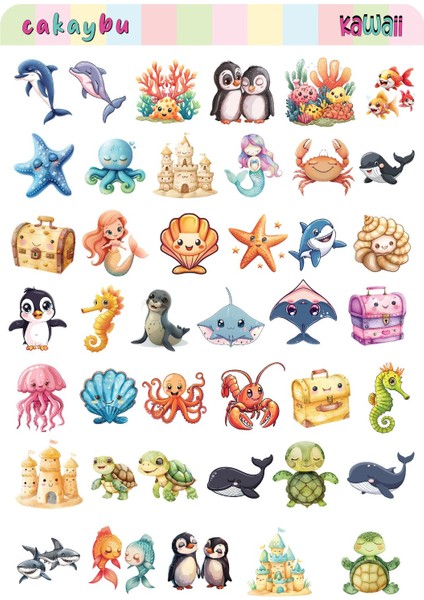 Kawaii Sea Life ( Deniz Yaşamı ) Temalı 1 Sayfa A4 41 Adet Sticker Set fiyatları