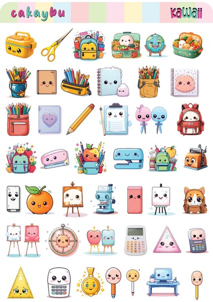 Kawaii School ( Okul ) Temalı 2 Sayfa A4 92 Adet Sticker Set