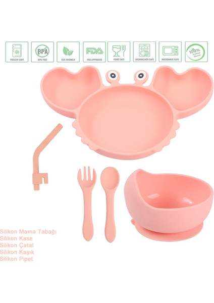 Yengeç Figürlü Vakumlu Silikon Beslenme Seti / Pembe