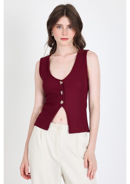 Bordo Düğme Detaylı V Yaka Bluz 018