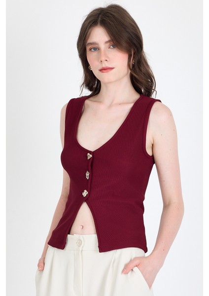 Bordo Düğme Detaylı V Yaka Bluz 018 fiyatları