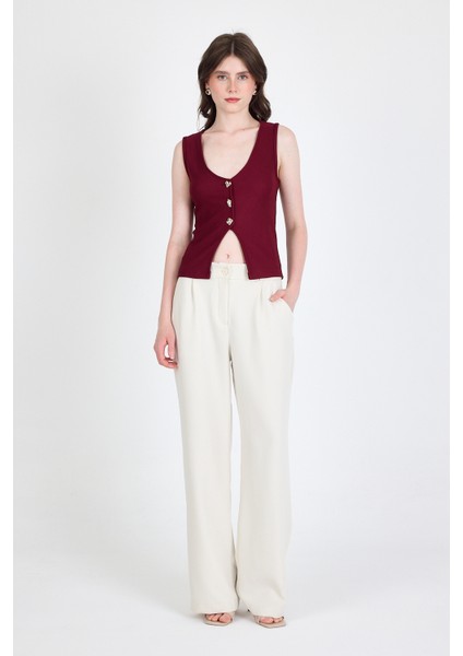 Bordo Düğme Detaylı V Yaka Bluz 018 modelleri