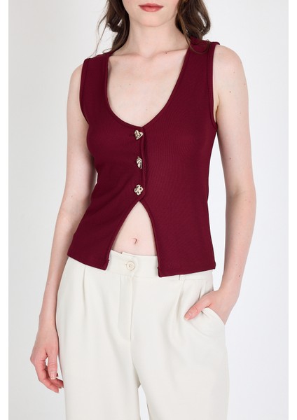 Bordo Düğme Detaylı V Yaka Bluz 018 fırsatları