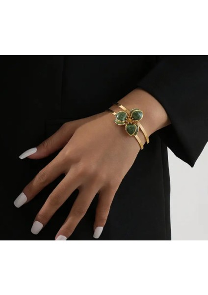 Kadın Gold Renk Çiçek Figürlü Bileklik – Yeşil & Beyaz Renk Seçenekli 6 cm Şık Model
