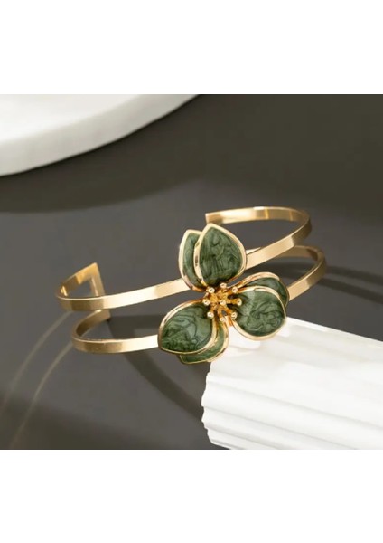 Kadın Gold Renk Çiçek Figürlü Bileklik – Yeşil & Beyaz Renk Seçenekli 6 cm Şık Model modelleri