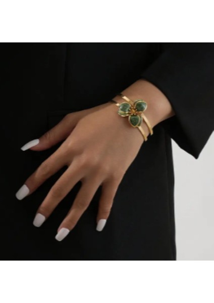Kadın Gold Renk Çiçek Figürlü Bileklik – Yeşil & Beyaz Renk Seçenekli 6 cm Şık Model fırsatları