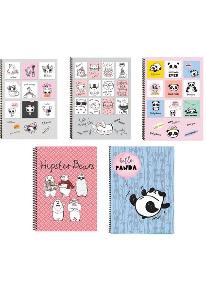 A4 Plastik P.p Kapak 96 Yaprak 3 Kareli 2 Çizgili Desenli Telli Defter Seti