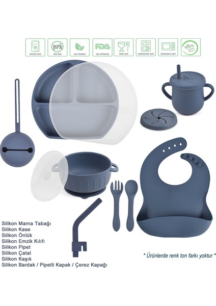 Kapaklı, Vakumlu Silikon Beslenme Seti / Lacivert Renk