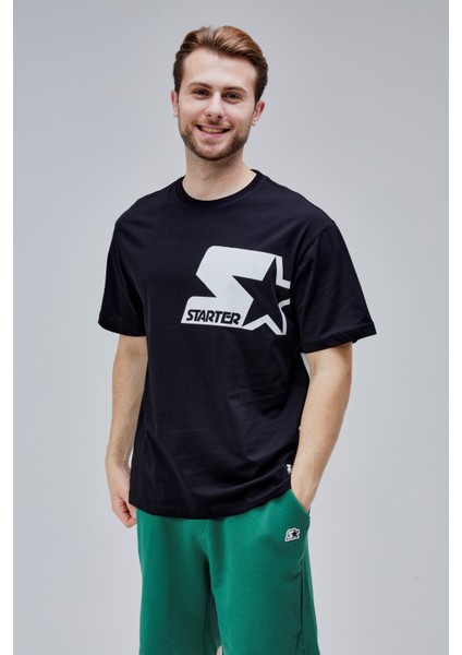 Mahone Siyah Bisiklet Yaka Baskılı Oversize Erkek Tshirt