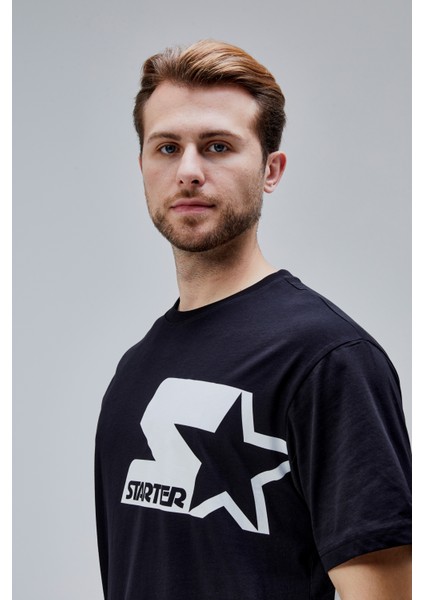 Mahone Siyah Bisiklet Yaka Baskılı Oversize Erkek Tshirt
