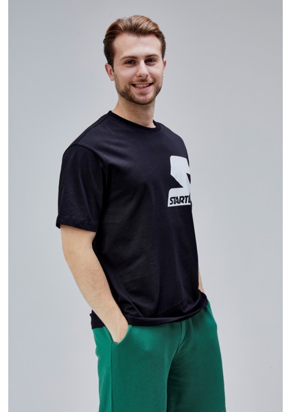 Mahone Siyah Bisiklet Yaka Baskılı Oversize Erkek Tshirt