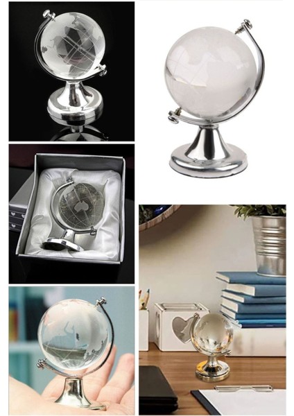 Mini Jumbo Küçük Boy Gümüş Yuvarlak Dünya Küre Dünya Haritası Kristal Cam Şeffaf Hediyelik Masa Üst