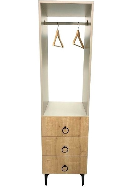 Üç Çekmeceli Giyinme Dolabı, Askılık, Portmanto, Metal Ayak, Metal Kulp, Geniş Çekmece Hacmi