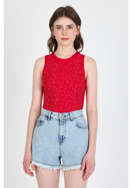 Kırmızı Taş Işleme Detaylı Halter Yaka Örme Atlet 0349
