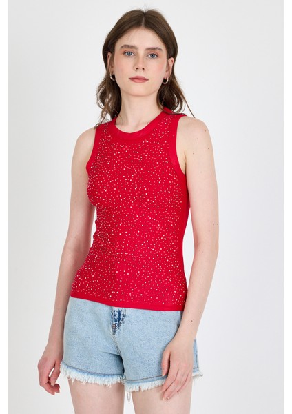 Kırmızı Taş Işleme Detaylı Halter Yaka Örme Atlet 0349 fiyatları