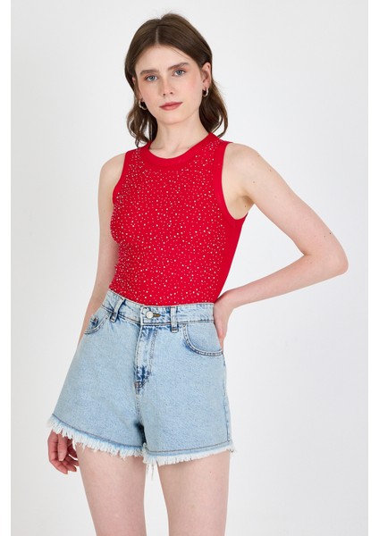 Kırmızı Taş Işleme Detaylı Halter Yaka Örme Atlet 0349 modelleri