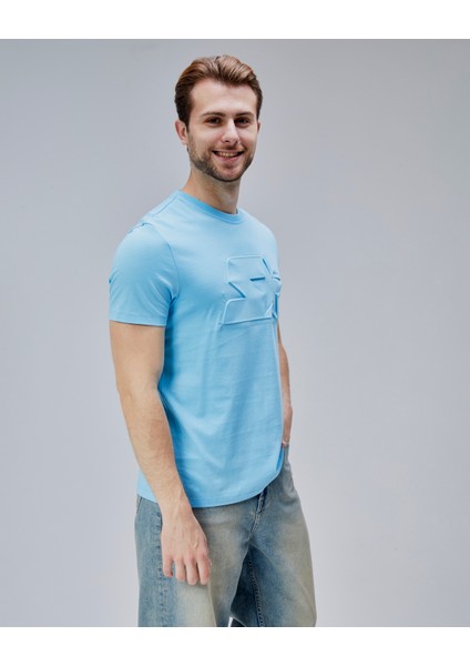 Joplın Mavi Bisiklet Yaka Baskılı Standard Fit Erkek Tshirt