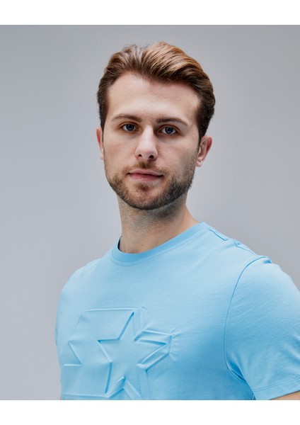 Joplın Mavi Bisiklet Yaka Baskılı Standard Fit Erkek Tshirt