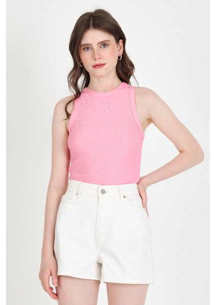 Pembe Taş Işleme Detaylı Halter Yaka Örme Atlet 0349