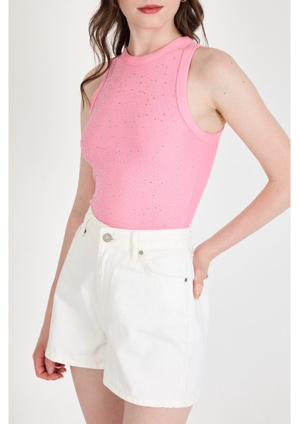 Pembe Taş Işleme Detaylı Halter Yaka Örme Atlet 0349 modelleri