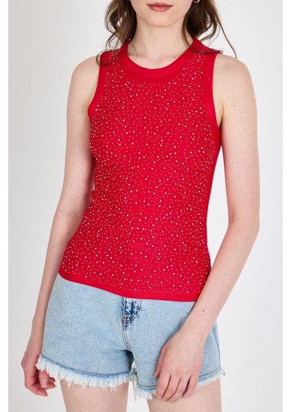 Kırmızı Taş Işleme Detaylı Halter Yaka Örme Atlet 0349 fırsatları