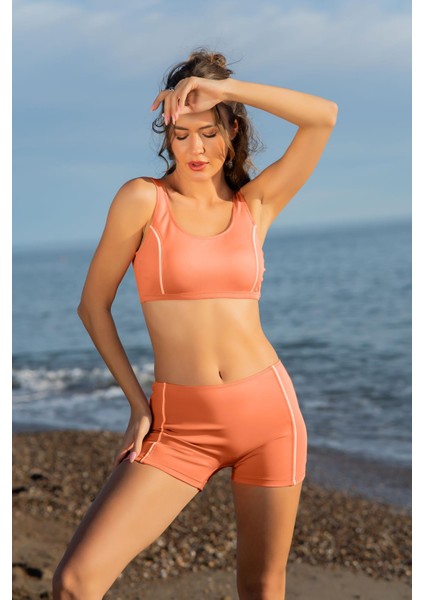 Yavruağzı Sporcu Kadın Bikini Takımı – Kısa Tayt Altlı 2 Parça C5T4N1O52-1