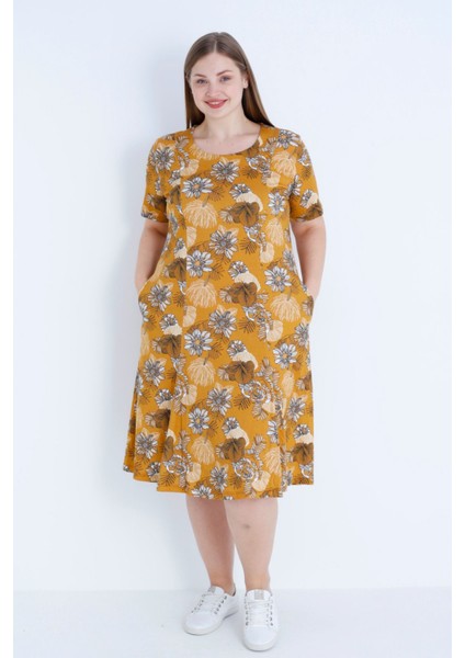 Çiçek Desenli Kısa Kollu Pamuklu Büyük Beden Elbise fiyatları