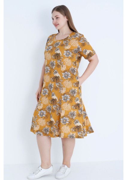Çiçek Desenli Kısa Kollu Pamuklu Büyük Beden Elbise modelleri