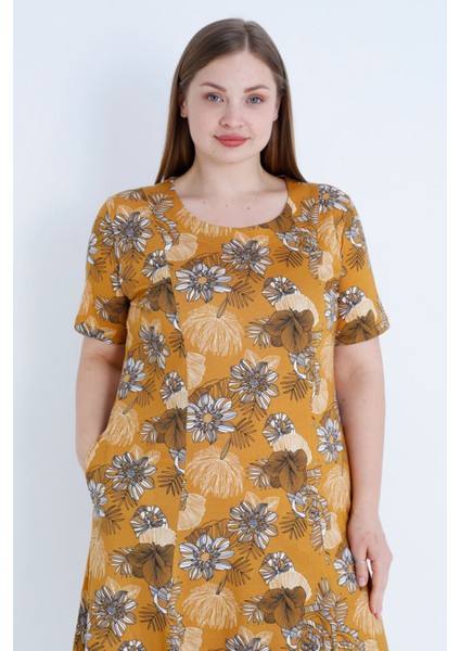 Çiçek Desenli Kısa Kollu Pamuklu Büyük Beden Elbise fırsatları