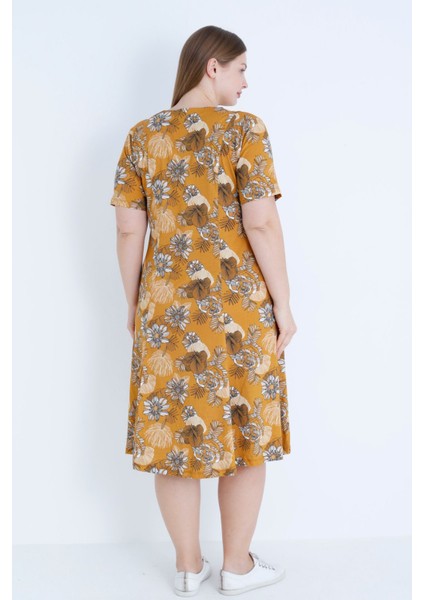 Çiçek Desenli Kısa Kollu Pamuklu Büyük Beden Elbise indirimleri