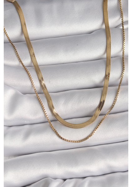 316L Çelik Gold Renk 2'li Italyan Zincir Model Kadın Kolye - TJ-BKO9734