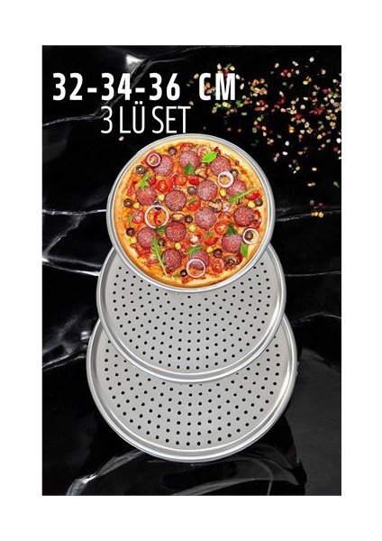 Delikli Pizza Lahmacun Tepsisi Çelik 32-34-36 cm 3 Lü Set