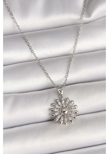 316L Çelik Gümüş Renk Zincir Zirkon Taşlı Güneş Model Kadın Kolye - TJ-BKO9967