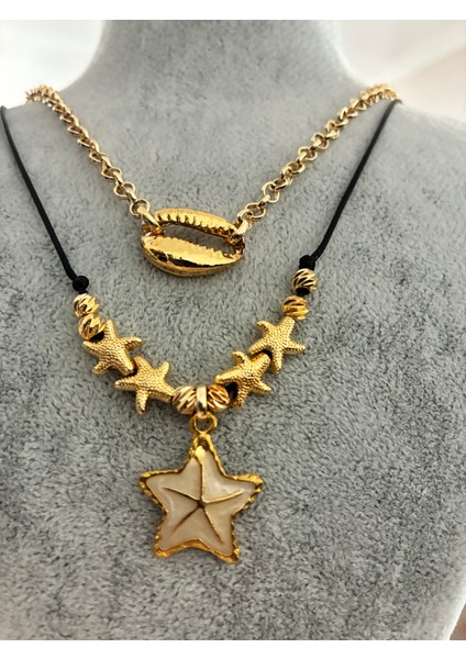 Altın Kaplama Deniz Yıldızlı ve Deniz Kabuklu Konsept Ikili Kolye