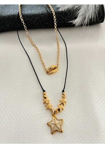 Altın Kaplama Deniz Yıldızlı ve Deniz Kabuklu Konsept Ikili Kolye modelleri