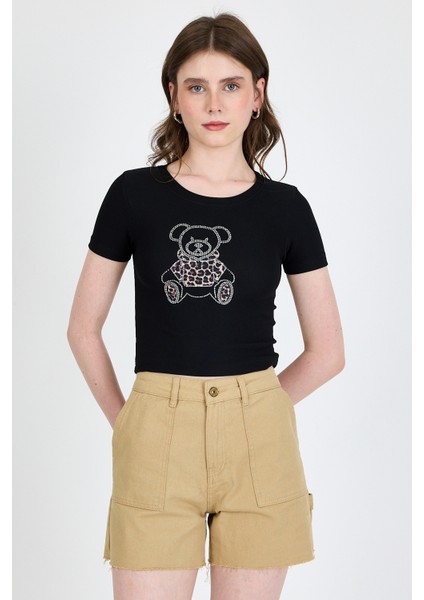 Siyah Ayıcık Baskılı Leopar Detaylı Slim Fit Crop Tişört 0549
