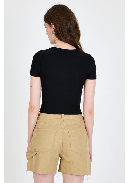 Siyah Ayıcık Baskılı Leopar Detaylı Slim Fit Crop Tişört 0549 indirimleri
